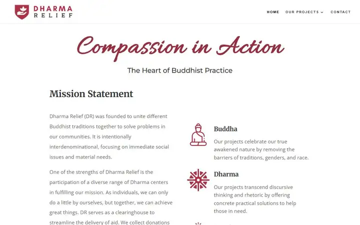 The first screen of dharmarelief.org: the words Compassion in Action, The Heart of Buddhist Practice, above the mission statement.