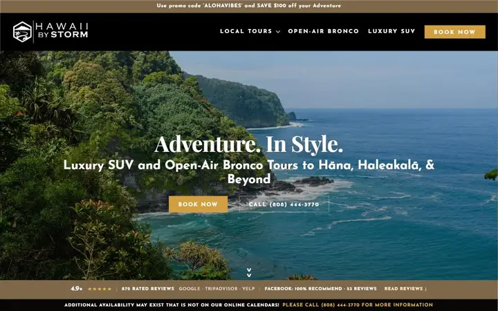 The first screen of hawaiibystorm.com: a green coast above blue water, and the words Adventure. In Style.