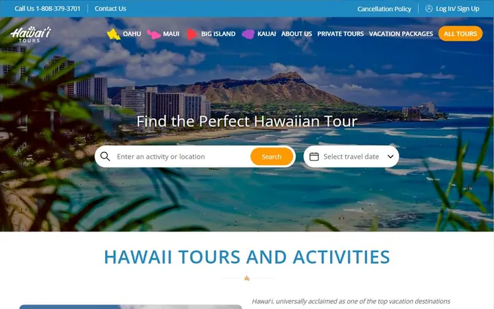 The first screen of hawaiitours.com: Diamond Head above the beach at Waikiki, and the words Find the Perfect Hawaiian Tour.