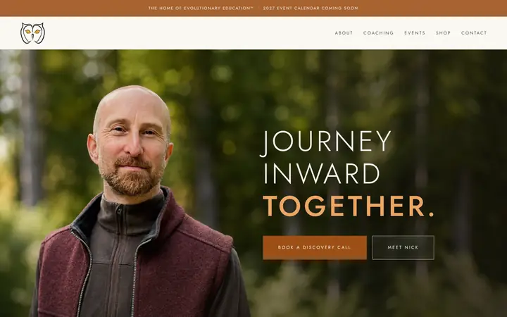 The first screen of Nick Atlas's new site: his portrait among trees, and the words Journey inward together.