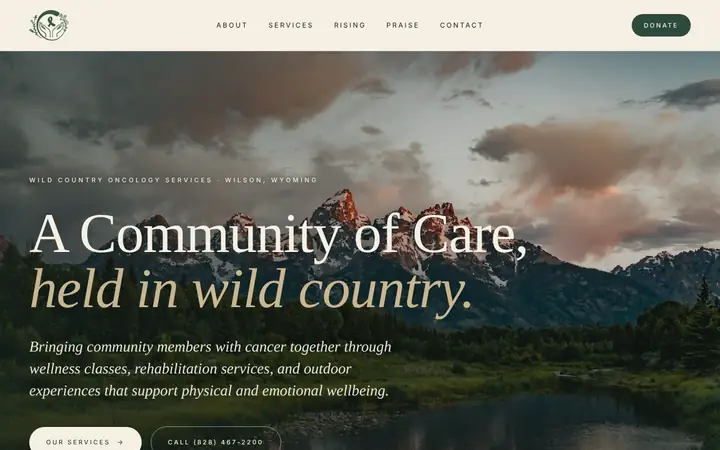 The first screen of Wild Country Oncology Services: the Tetons under evening cloud, and the words A Community of Care, held in wild country.